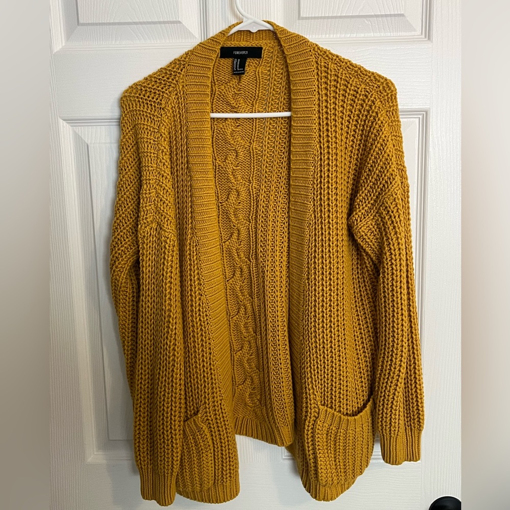 Forever 21 chunky, cozy, cable knit open front cardigan in rich mustard yellow